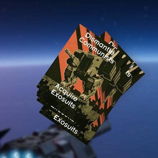 Helldivers 2 Inspired Exosuit Propaganda Sticker – 'Dismantle Communists, Acquire Exosuits' Retro Sci-Fi Decal"