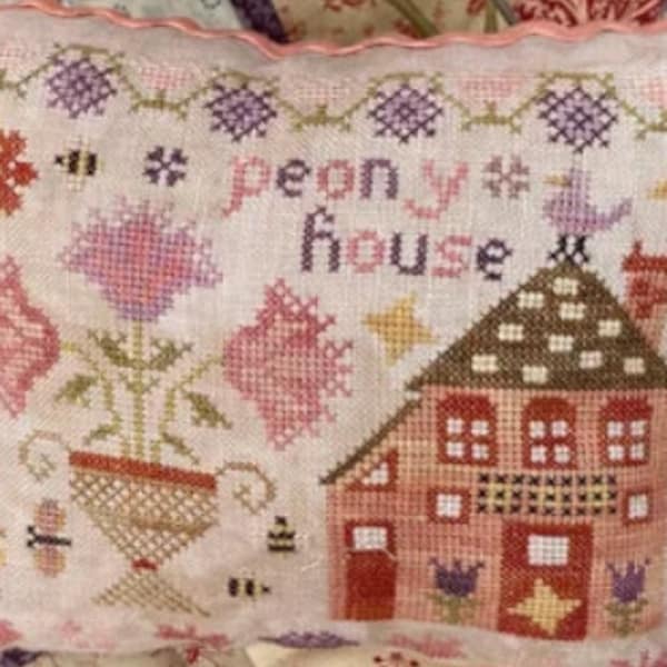 Pansy Patch Quilts and Stitchery - Houses on Wisteria Lane – Peony House - Counted Cross Stitch, Pinkeep, Pillow Ornament, PATTERN ONLY