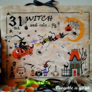 Crocette a Gogo - The Flying Pumpkin, Cross Stitch, Halloween Cross Stitch Pattern, Witch Cat Mouse Pumpkin