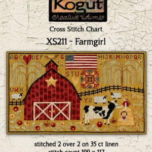 Teresa Kogut - Farmgirl, Farm Scene, Barn, Cow, Sheep, Sampler, Country Decor, Primitive Decor, Counted Cross Stitch Pattern