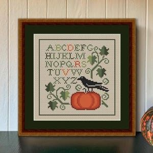Happiness Is Heartmade - Autumn Crow and Pumpkin Cross Stitch Pattern
