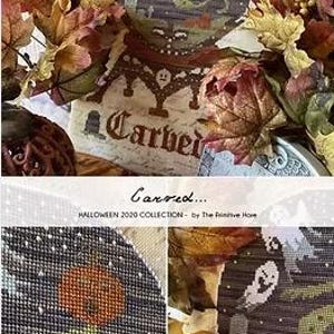 May include: A Halloween-themed cross-stitch design featuring a pumpkin, ghosts, and a spooky tree. The design is surrounded by fall foliage and berries. The text "Carved..." is visible, along with "Halloween 2020 Collection".