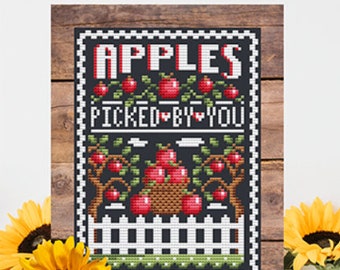 Shannon Christine Designs - Apples Sign, Counted Cross Stitch, Apples, Autumn