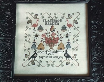 Twin Peak Primitives - *PDF* Flamingo Garden, Counted Cross Stitch