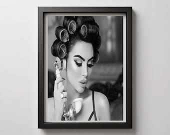 Retro glamoureuze vrouwenprint schoonheidssalon | Zwart-witte pin-up kunst aan de muur (direct downloaden)