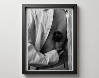 Black and White Woman Art Print: Sensual Female Body, Flower  (Digital Download)