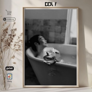 Black and White Woman Drinking Rosé Champagne in Bathtub Photography Bar Cart Wall Decor Hype Beast Room Decor Digital Printable Bar Poster