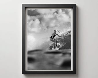Black and White Surfer Girl Wave Print: Modern Coastal Art (Digital Download)