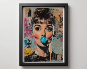 Audrey Hepburn Pop Art Print: Bubblegum Graffiti, Urban Wall Decor (Digital Download)