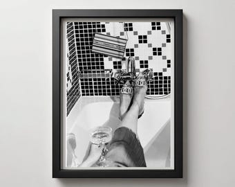 Oversize Black and White Photography, Woman in Bathtub Print, Bar Cart Decor  (Digital Download)