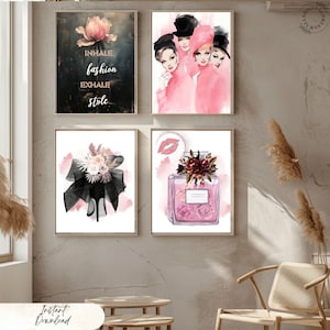 Láminas de arte mural de moda en negro y rosa: Decoración de estilo vintage (descarga digital)
