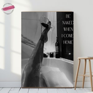 Black And White Bathroom Wall Art Woman Drinking Wine in Bathtub Poster Feminist Poster Digital Download Bar Cart Print Fashion Poster