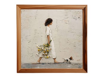 Peinture à l'huile texturée Fille conteuse minimaliste avec art de fleurs - Impression neutre (téléchargement numérique)