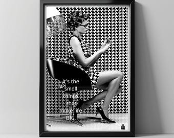 Black and White Checked Dress Woman Vintage Photography Hair Salon Decor Hairdresser Gift Idea Teen Girl Bathroom Decor Digital Printable