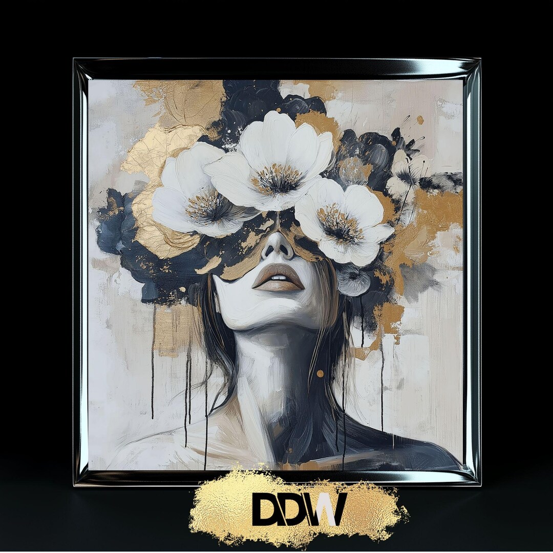 Abstract Woman Floral Crown Art Print: Gold Leaf Contemporary Portrait ...