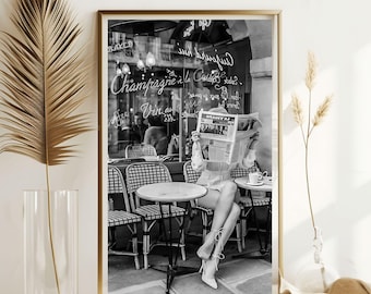 Paris Cafe Print: Woman Reading Newspaper, Black and White Photography  (Digital Download)
