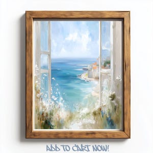 Arte mural con paisaje costero – Cuadro con vista al mar azul desde una ventana – Póster playero de moda para verano – Decoración náutica y playera para habitación