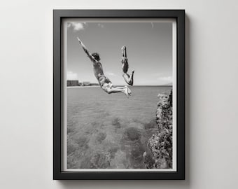 Coastal Cliff Jumping Print Black and White Summer Wall Art (Digital Download)