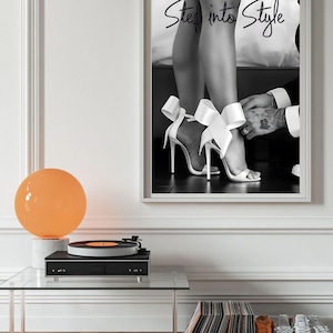 Póster de alta costura con tacones altos en blanco y negro, decoración de habitación, fotografía de moda vintage con tacones altos, decoración de tienda, imprimible