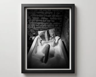 Retro Woman in Bathtub Print Black and White Bathroom Art (Digital Download)