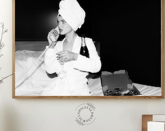 Black and White Fashion Print: Woman with Champagne, Retro Wall Art  (Digital Download)