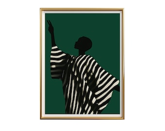 Emerald Green Woman Art Print: Minimalist Black and White Stripe (Digital Download)