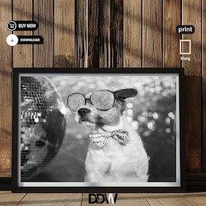 Zwart-wit retro discobal prints coole disco hondenbarwagen muur kunst girly slaapzaal decor prints grappige hond posters vintage discokunst