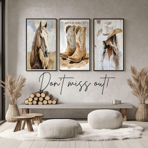 Coastal Cowgirl Wall Art - Boho Western Print Cowgirl Aesthetic Decor Retro Western Poster Neutral Boho Art Horse Print Trendy Wild West