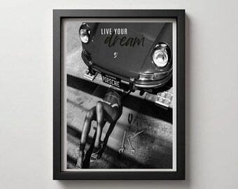 Vintage Porsche 911 Poster: Black and White Fashion Photography  (Digital Download)