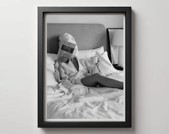 Black and White Fashion Print: Woman Reading in Bed  (Digital Download)