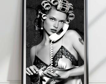 Black and White Woman in Hair Salon Print Fashion Wall Art Vintage Photography Girls Bathroom Decor Digital Download Hype beast Poster