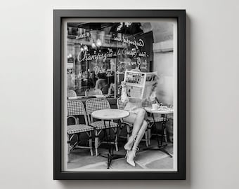 Paris Cafe Print: Woman Reading Newspaper, Black and White Photography  (Digital Download)