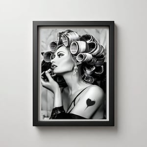 ヴィンテージ風ヘアサロンプリント 白黒ファッション写真（デジタルダウンロード）