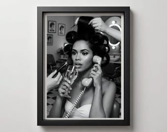 Arte mural de salón de belleza / Impresión retro glamurosa en blanco y negro / DESCARGA INSTANTÁNEA Regalo de peluquero