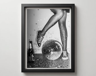Lámina decorativa con diseño de bola de discoteca y zapatillas para despedida de soltera (descarga digital)