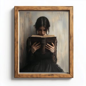 Impresión de mujer leyendo de Dark Academia Decor / Pintura al óleo gótica victoriana / Regalo para amantes de los libros / Arte mural de Moody Librariancore