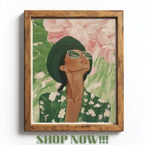 Arte mural abstracto de mujer, pintura femenina moderna, póster minimalista de moda verde y rosa, retrato de mujer atrevida, descarga digital