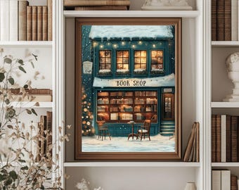 Vintage Christmas Bookshop Print, Cozy Winter Scene (Digital Download)
