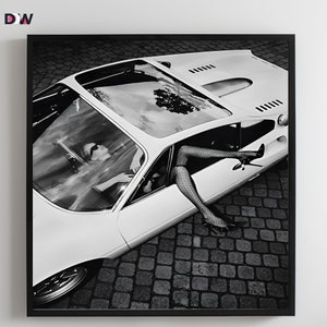 Black and White Fashion High Heels in Classic Car Photography Vintage Car Poster Luxury Fashion Printable Wall Art Hypebeast Room Decor