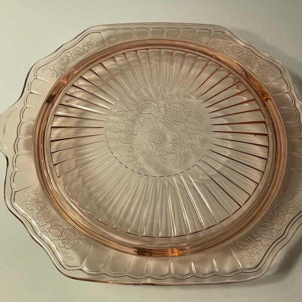 1930s Anchor Hocking Mayfair Pink Footed Cake Plate