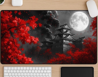 Japanese Castle Mouse Pad: Full Moon, Sakura Tree Desk Mat