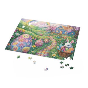 May include: A colourful Easter jigsaw puzzle depicting a quaint house, a rainbow, and a bunny rabbit holding a basket of decorated eggs. The puzzle pieces are scattered around the completed image.