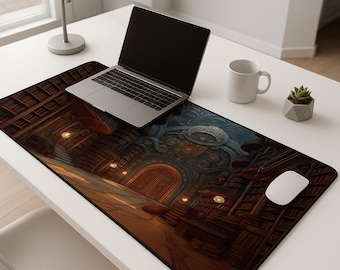 May include: A rectangular desk mat featuring a detailed illustration of a fantasy library interior with a laptop, mouse, and mug. The mat's design includes warm brown tones and a detailed architectural scene.