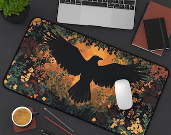 Raven Tapestry Desk Mat: Cottagecore Wildflower Mousepad