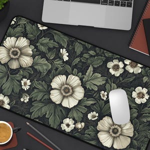 Botanical Art Nouveau Desk Mat: Sage Green Floral Office Decor