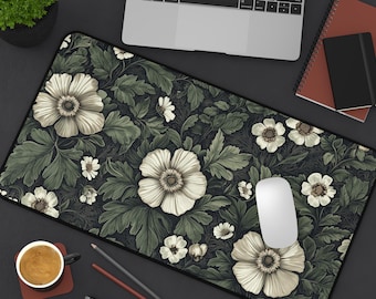 Botanical Art Nouveau Desk Mat: Sage Green Floral Office Decor