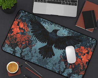 Raven Desk Mat: Medieval Blackbird, Cottagecore Wildflowers