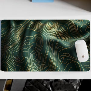 Tapis de bureau topographie verte, cadeau de décoration de bureau à domicile et de tapis de souris gaming, sous-main de carte topographique abstraite, tapis de clavier inspiré de la nature