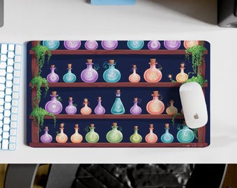 May include: A blue and purple potion bottle shelf with a variety of colorful potions. The shelf is decorated with green vines and glowing lights.