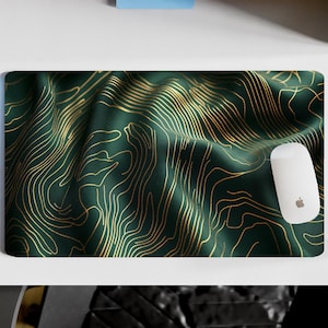 Tapis de bureau topographie verte, cadeau de décoration de bureau à domicile et de tapis de souris gaming, sous-main de carte topographique abstraite, tapis de clavier inspiré de la nature
